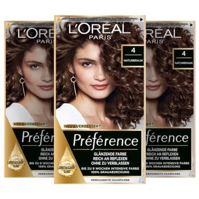 Obrázek L&#039;Oréal Paris Permanentní barva na vlasy, sada barvení vlasů s barvením a lesklým balzámem, Préférence, 4 přírodní hnědá, 3 ks