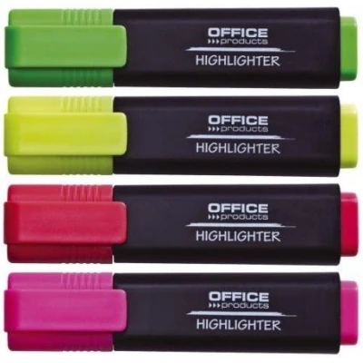 Obrázek OFFICE PRODUCTS zvýrazňovač svítící 4dílné balení barva: žlutá, Oragne, růžová, zelená / Highlighter Textliner Netoxický inkoust, klínový hrot Světelné barvy Vysoká kvalita/tloušťka linky 15 mm