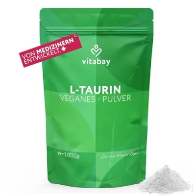 Obrázek Vitabay taurin prášek 1 kg 6000 mg taurinu veganský bez přísad Taurine 1000 ve vysokých dávkách vysoká dávka aminokyseliny taurinový