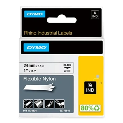 Obrázek DYMO Rhino Industrie nylonové etikety, flexibilní, 24 mm x 3,5 m, černé písmo na bílém podkladu, samolepicí páska