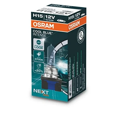 Obrázek Osram Cool Blue Intense H15, +20% více jasu, až 3 700 K, halogenová žárovka do světlometu, LED vzhled, skládací krabice (1 lampa) Carton box