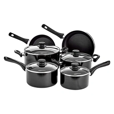 Obrázek Amazon Basics Sada nádobí na vaření s nepřilnavým povrchem vhodné pro indukci, víkem, balení po 6 kusech, černá