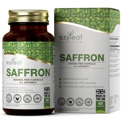 Obrázek Doplněk stravy Ezyleaf šafrán 60 vysoce dávkovaných kapslí šafránu 200 mg extraktu v jedné porci Saffron bez genetické techniky, lepku a alergenů Vyrobeno ve Velké Británii