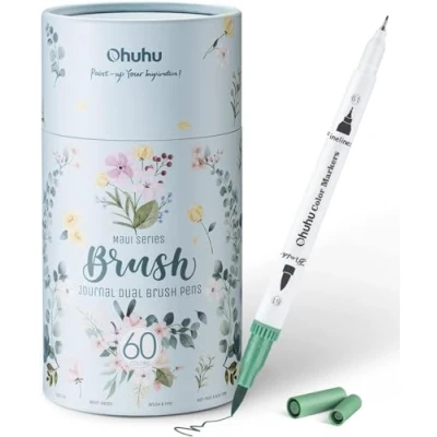 Obrázek Ohuhu Brush Pen Set, 60 barev, sada fixů s dvojitým hrotem pro deník, kaligrafii, Manga omalovánky děti a dospělé, ruční písmo tužky na vodní bázi, Maui bílá