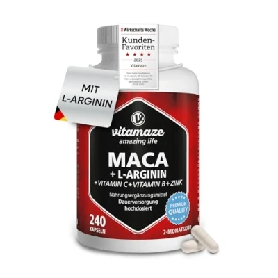 Obrázek Kapsle Maca ve vysokých dávkách 4000 mg v denní dávce + L arginin vitamíny zinek, 240 kapslí, prášek z kořene na 2 měsíce, rostlinný doplněk stravy bez přísad, vyrobeno Německu