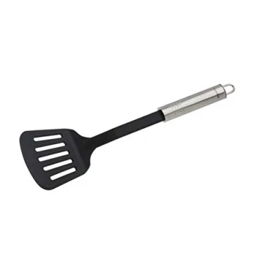 Obrázek Fackelmann obracečka 33 cm oválná rukojeť, praktická plastová s ergonomickou rukojetí z ušlechtilé oceli, kuchyňský pomocník na vaření (barva: stříbrná, černá), množství: 1 kus