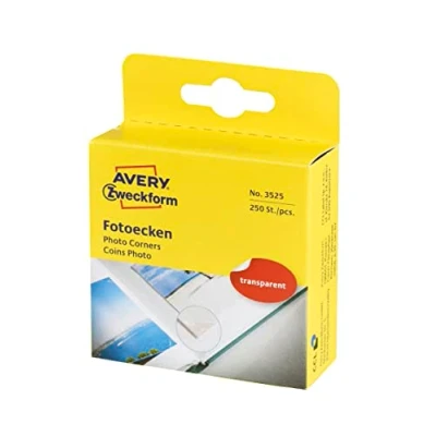 Obrázek AVERY Zweckform 3525 fotorohů samolepicí 250 kusů (17 x 18 mm, foto příslušenství, nálepky pro scrapbooking, fotoalbum, bulletový deník, památník, obrázky, v praktickém zásobníku) bílá/transparentní