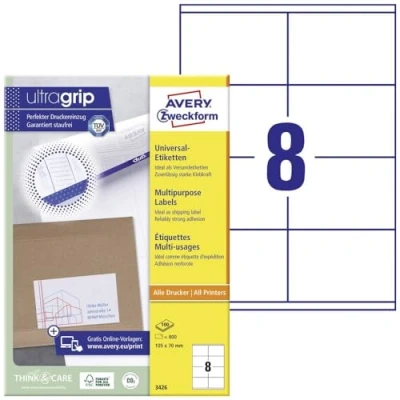 Obrázek AVERY Zweckform 3426 univerzální etikety (800 lepicích etiket, 105 x 70 mm na A4, papír matný, potiskovatelné přepravní etikety, samolepicí nálepky zaslání s ultragrip) 100 listů, bílá