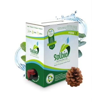 Obrázek Solbio Originální sanitární tekutina pro kempinkové toalety 3l 100% bio a veganské biologicky odbouratelná přísada s vůní eukalyptu, borovice máty