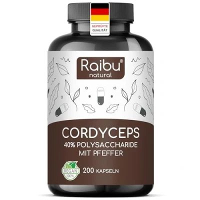 Obrázek Raibu Kapsle Cordyceps ve vysokých dávkách 200 kapslí s 2100 mg houbového extraktu (10:1) v denní dávce (21 000 Cordyceps) 40 % polysacharidů Sinensis černým pepřem, laboratorně