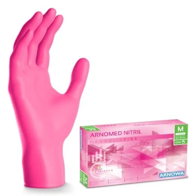 Obrázek ARNOMED jednorázové rukavice růžové se 100 kusy/krabičkou, nitrilové M, rukavice, bez pudru, gumové latexu, na jedno použití v XS, S, L &amp; XL