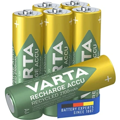 Obrázek VARTA Baterie AA, nabíjecí, 6 kusů, akumulátor Recharge Recycled, akumulátor, 2100 mAh Ni Mh, z 21 % recyklovaného materiálu, přednabitý, okamžitě připravený k použití