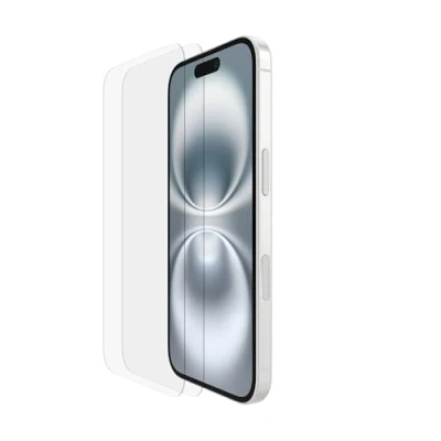 Obrázek Belkin ScreenForce TemperedGlass antimikrobiální ochranná fólie na displej pro iPhone 15, tenká, křišťálově čirá, odolná proti poškrábání, polohovací rámeček aplikaci bez bublin, balení po 2