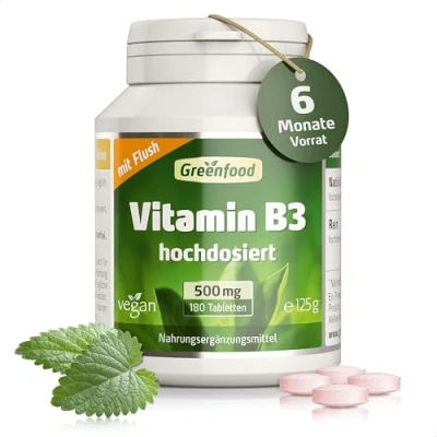Obrázek Greenfood Vitamín B3 (niacin), 500 mg, vysoká dávka, 180 tablet, veganský Bez umělých přísad. genetického inženýrství. Pozor: Efekt návalu
