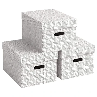 Obrázek Sada 3 ks úložných boxů od Leitz s víkem, 15 l, střední, 100% recyklovaný karton, geometrický design, do školy, studia a domácnosti, bílá, kusy, 61410001