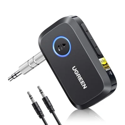 Obrázek UGREEN Aux Bluetooth 6. 0 adaptér do auta s dekódováním LDAC, certifikace Hi Res Audio Gold standard, výdrž baterie 17 hodin, jack přijímač pro autorádio/stereo zařízení/headset
