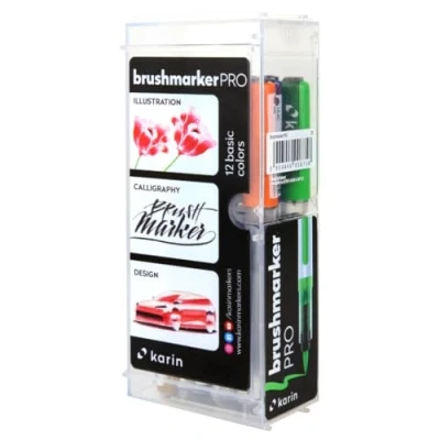 Obrázek KARIN Brushmarker Pro 12 Basic Colours sada Set kusů transparentních těles se systémem Ink Free, 2,4 ml tekutá barva. Žádný značkovač