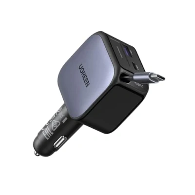 Obrázek UGREEN 3portový zapalovač cigaret 60 W USB C výsuvná nabíječka do auta 30 integrovaný kabel auto příslušenství 12 V adaptér pro iPhone 16/15, Galaxy S25/24, GPS atd.