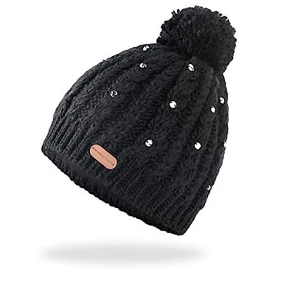 Obrázek Black Crevice dámská pletená čepice I zimní s třpytivými perlami a pompomem One Size velmi teplou &amp; fleecovou podšívkou dámské