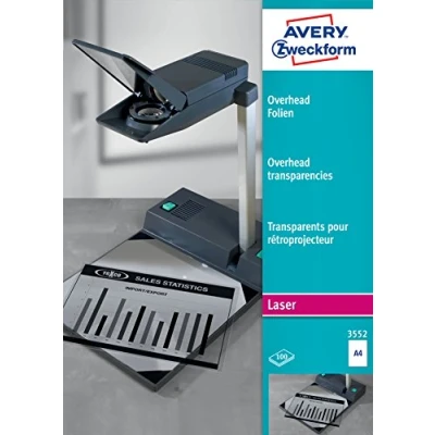 Obrázek AVERY Zweckform 3552 Overhead fólie pro S/W laserové tiskárny a kopírky (100 transparentních fólií, A4, speciální povrchová úprava, stohovatelné, tloušťka 0,10 mm, bez rozpouštědel)
