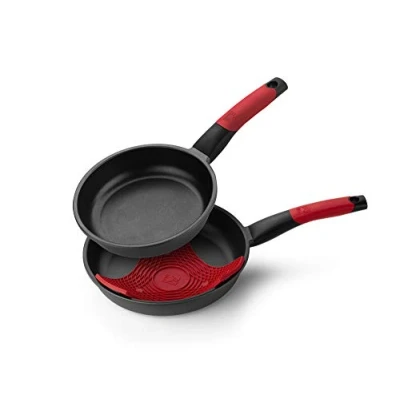 Obrázek BRA Premiere Set aus 20 und 24 cm großen Bratpfannen Aluminiumguss mit Antihaftbeschichtung, geeignet für alle Herdarten, einschließlich Induktion, inklusive Untersetzer, Rot, 2024