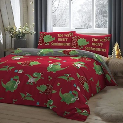 Obrázek Bedlam Christmas Santasaurus leuchtet im Dunkeln Bettwäscheset Einzelbettgröße in Rot
