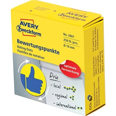 Obrázek AVERY Zweckform samolepicí body 250 kusů (flexibilní hodnotící na roli v dávkovači, Ø 19 mm, palců modré/žluté, k vyladění, hodnocení a označení) č. 3861