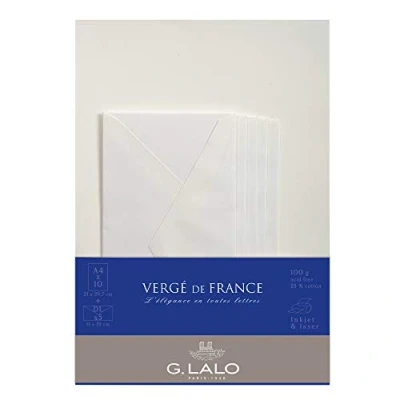 Obrázek G. Lalo 62750L Korrespondenz Set Vergé de France (mit 5 Blatt DIN A4, 21 x 29,7 cm, 100 g, säurefrei, gerade Kante und Umschläge, 11 22 nassklebend gefüttert) Extra Weiß