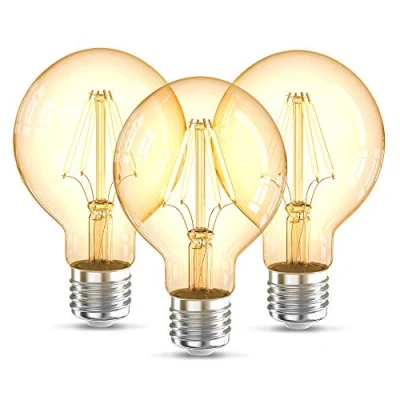 Obrázek B.K.Licht Sada 3 LED žárovek E27 s extra teplou bílou barvou světla, tvar G80, 4 W, 360 lumenů, žárovka, vintage, retro, Edison, 12,6 x 8 cm, jantarová barva
