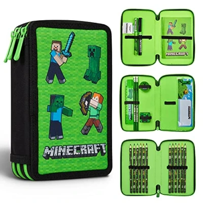 Obrázek Minecraft Penál s přihrádkami, naplněný školními potřebami, penál, škola, děti, chlapci, goodies, oficiální příslušenství pro hráče, Mob zelená,