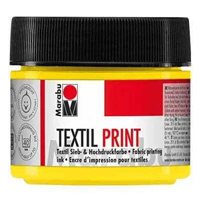 Obrázek Marabu 17030050919 Textilní potisk primární žlutá 100 ml, sítková a vysokotlaká barva na vodní bázi, bez zápachu stálobarevná, dlouhá doba otevření, pro světlé tmavé textilie