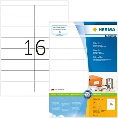 Obrázek HERMA 4264 univerzální etikety DIN A4 (105 x 33,8 mm, 100 listů, papír, matný) samolepicí, potiskovatelné, permanentně přilnavé nálepky na adresu, 1 600 lepicích etiket, bílé