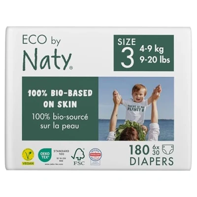 Obrázek Eco by Naty Baby Öko plenky ekologické prémiové bio z materiálů na bázi rostlin, ideální pro citlivou pokožku miminek (velikost 3 180 kusů) měsíční krabička