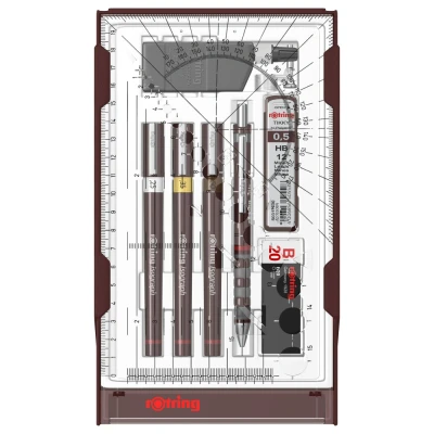 Obrázek rOtring Isograph Fineliner College Set 3 plnicí pero tuše (0,25 mm, 0,35 mm a 0,50 mm), Tikky mechanická tužka (0,5 mm) příslušenství