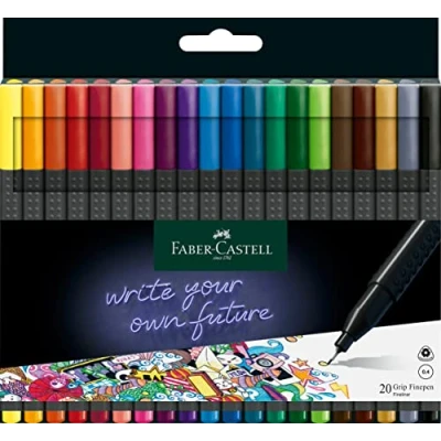 Obrázek FABER CASTELL 151620 Grip Finepen, Fineliner, s kovovým vláknovým hrotem 0,4 mm, pouzdro na 20 ks