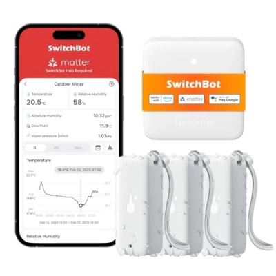 Obrázek SwitchBot WLAN vlhkoměr, teploměr, vnitřní, venkovní, balení 3 ks s mini podložkou, IP65 vodotěsný senzor teploty a vlhkosti upozorněním na aplikaci bezplatným ukládáním dat