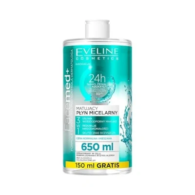 Obrázek Eveline Cosmetics Facemed+ matující micelární voda 650 ml 3 v 1 čistič pro vodotěsný make up, kontrolu a minimalizaci pórů