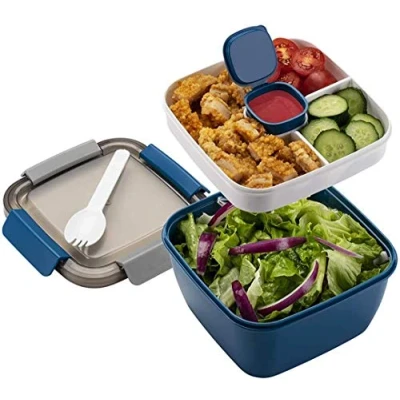 Obrázek MUJUZE svačinový box s přihrádkami, salátový to go dospělí/děti, udržitelný Bento zabezpečený proti vytečení, krabička na svačinu příborem do školy/práce/pikniku cestování