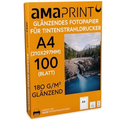 Obrázek Amaprint 100 listů fotopapíru A4 lesklý 180g/m² pro inkoustové tiskárny vysoce voděodolný