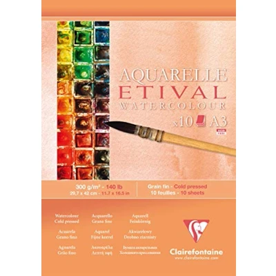 Obrázek Clairefontaine 96306C Etival Matt Aquarellpapier Block (kopfseitig geleimt, 10 Blatt, DIN A3, 29,7 x 42 cm, feinkörnig, 100% Zellulose, 300 g) weiß