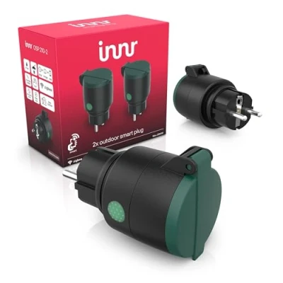 Obrázek Innr Zigbee Smart venkovní zásuvka, Outdoor Plug, funguje s Hue*, Alexa (nutná zásuvka) IP44 vodotěsná, 10 A, 2300 W, OSP 210, balení 2 ks, černá