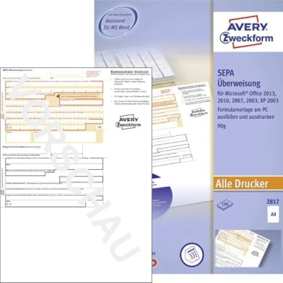 Obrázek AVERY Zweckform 2817 Sepa převod, (A4, vč. CD softwaru, testováno právními experty, pro Německo, snadné vytváření převodů na PC, 100 listů), bílý