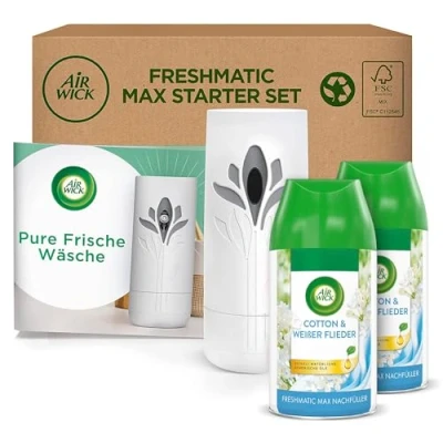 Obrázek Air Wick Freshmatic Max PURE startovací sada s přístrojem a 2 náplněmi osvěžovač vzduchu automatický vůně: Čerstvé prádlo x 250 ml náplň + přístroj v bílé barvě