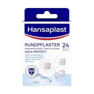Obrázek Hansaplast Kulatá náplast Aqua Protect (24 proužků), vodotěsná z prodyšného materiálu a Bacteria Shield, na rány s extra silnou přilnavostí šetrná k pokožce