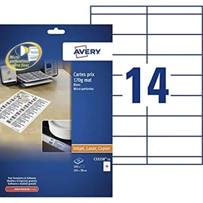 Obrázek AVERY Zweckform C32258 25 regálové štítky (prázdné, oboustranně potiskovatelné, matné bílé, extra jemná mikroperforace, listů) pro vlastní tisk na všech tiskárnách