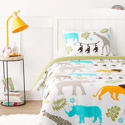 Obrázek Amazon Basics Sada 2 kusů dětského ložního prádla, mikrovlákno, zvířecí potisk, 100 x 135 cm / 40 60