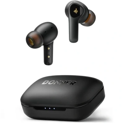 Obrázek Donner Bluetooth sluchátka s potlačením hluku, bezdrátová do uší 12mm audio ovladačem, intenzivní basy, Noise Cancelling se 4 mikrofony, baterie 32 hodin, 5.2, černá