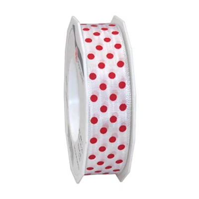 Obrázek PRÄSENT Polka DOTS Band mit Drahtkante weiß/rot, 20 m gepunktetes Dekoband, 25 mm Breite, leicht biegsames Schleifenband zum Dekorieren &amp; Basteln, für besondere Anlässe