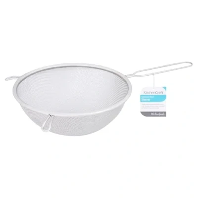 Obrázek KitchenCraft velké kuchyňské síto, ušlechtilá ocel, dlouhá rukojeť s otvorem pro zavěšení, 2 podložky na hrnce/háčky, 20 cm, stříbro