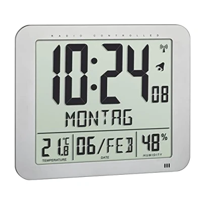 Obrázek TFA Dostmann Rádiové hodiny digitální, 60. 4516. 54, s pokojovým klimatem, udávaný den v týdnu (10 jazyků), 2 funkce buzení, stolní nebo zavěšení, (D) 248 x (Š) 25 (73) (V) 206 mm (stříbrné)